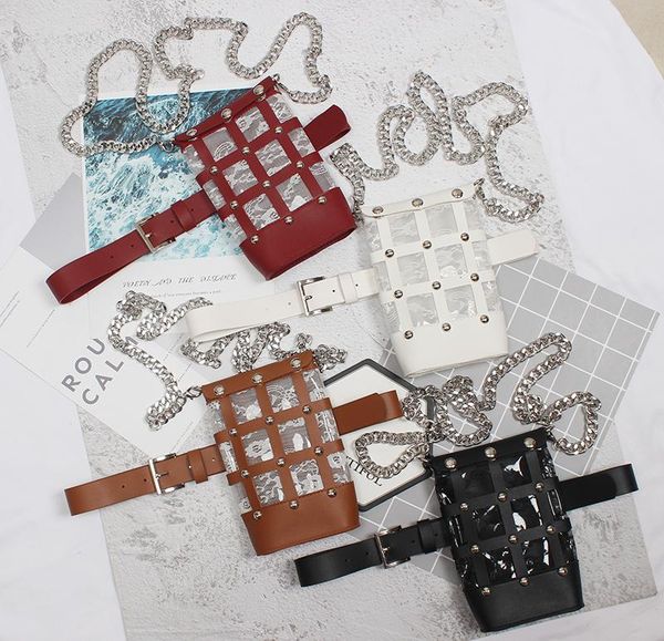 

2020 punk rivet leather plastic waist packs women pu waist belt with phone bag lare capacity chain messenger bag purse money