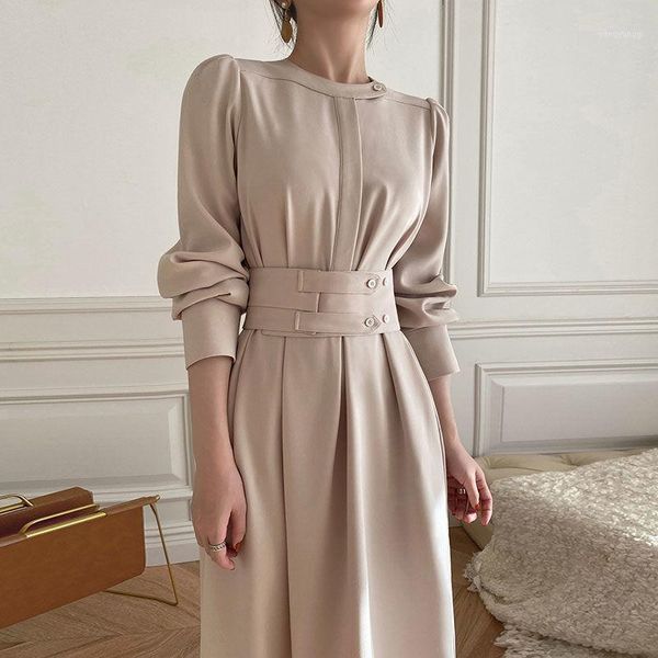 

casual elegant dress women office midi dress female o-neck long sleeve autumn 2021 fashion korean high waist party ladies1, Black;gray