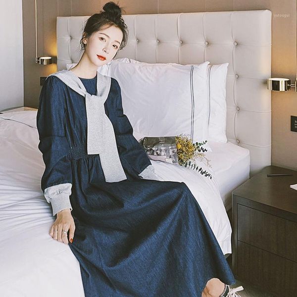 

french style age reduction long sleeve denim dress for women 2020 autumn new high-end celebrities with thin and high-end skirt1, Black;gray