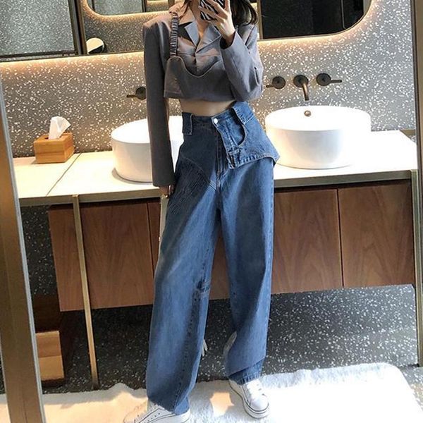 

fake two-pieces woman pants fashion loose wide leg pants casual trousers fall 2020 women jeans femme taille haute, Blue