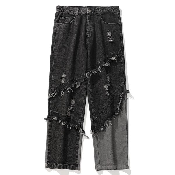 

hip hop patchwork tassel jeans harajuku oversized loose trousers 2020 casual joggers men straight pants streetwear black jeans q0105, Black;white
