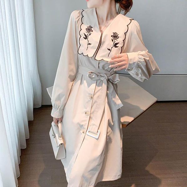 

korean one-piece dress french rose embroidery v-neck blazer windbreaker dress women slim elegant party 2021 women fashion, Tan;black