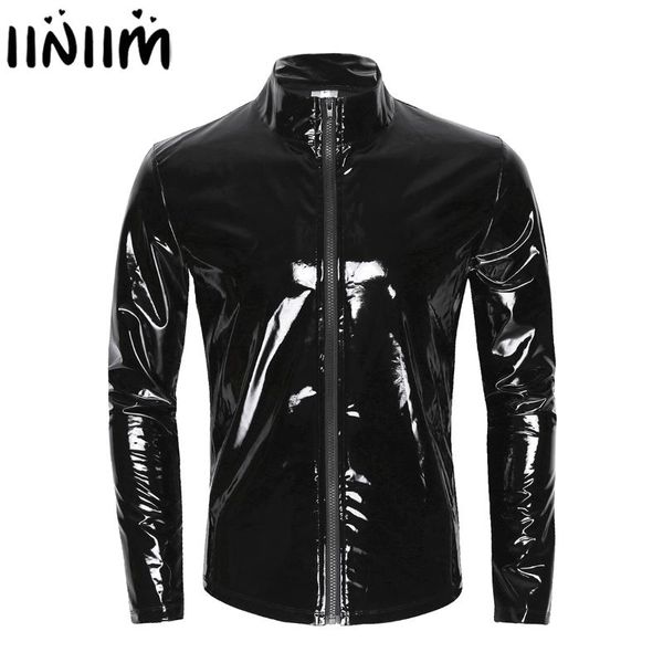 

mens metallic latex t-shirt coat wet look clubwear pvc leather zipper shirts club costume male streetwear autumn jacket, White;black