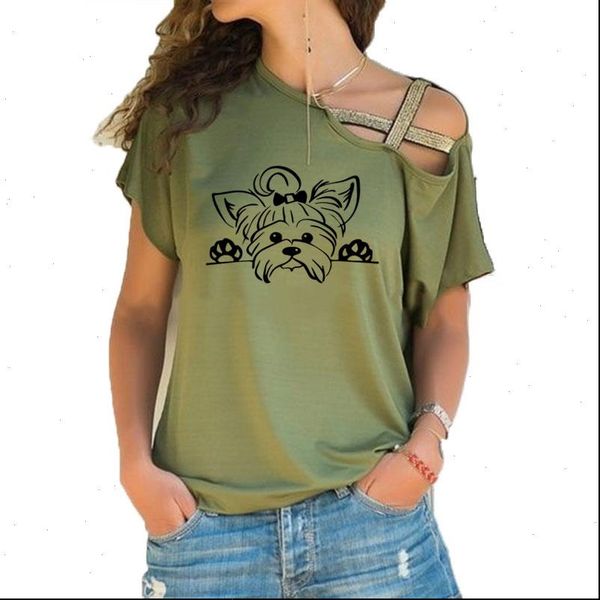 

yorkshire terrier t shirt women cotton short sleeve girls tshirt puppy peeking yorkie dog t shirt irregular skew cross bandage t, White