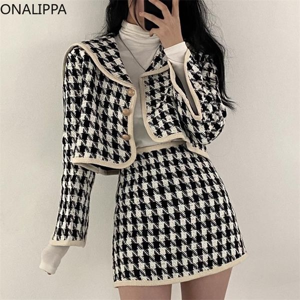 Onalippa HoundStooth Houndstooth Дамы 21 Осенний Французский Элегантный Темперамент Военно-морской воротник Кардиган Короткая куртка Высокая талия A-Line Skirt 220302