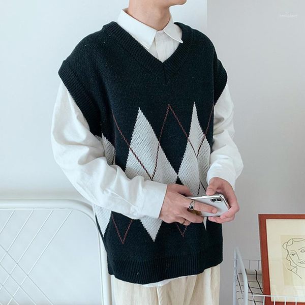 

sweater vest men patchwork v-neck sleeveless sweaters chic preppy style side-slit couples teens waistcoat retro new1, Black;white
