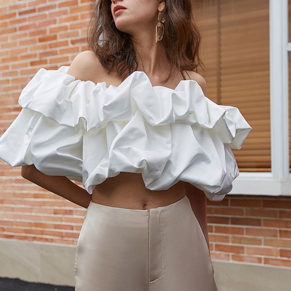 

2020 autumn new fashion elegant street style pleated tube sense niche word off-the-shoulder short shirt for women, White