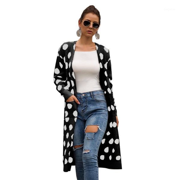 

cotton long style women long cardigan 2020 autumn womens loose printed dot outwear sweater cardigan ladies fashion coat1, Black;white