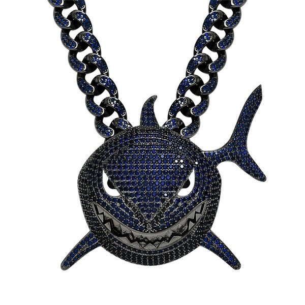 Cool Mens Hip Hop Ожерелье Позолоченные льда Bling Bling Blue CZ Shark Подвеска с CZ Кубинской цепочкой для мужчин Панк