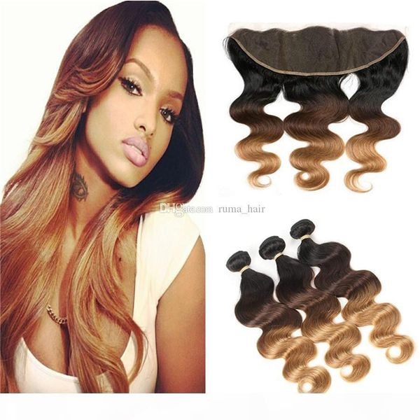 

ombre hair extensions 1b 4 27 13x4 lace frontal with bundles brazilian virgin body wave with closures ear to ear bundles with closure, Black;brown