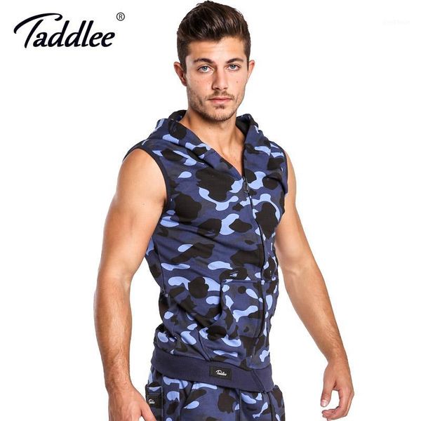 

running jerseys taddlee brand hoodies tank men sleeveless zip-up vest active camo fitness men's hooded gym cotton tees 1, Black;blue