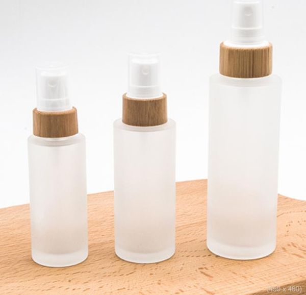 50ml 100ml 120ml ombro liso Spray de vidro fosco garrafas de bomba com tampa de bambu para cuidados com a pele Sorum loção shampoo chuveiro gel artigos de toalete sn6157