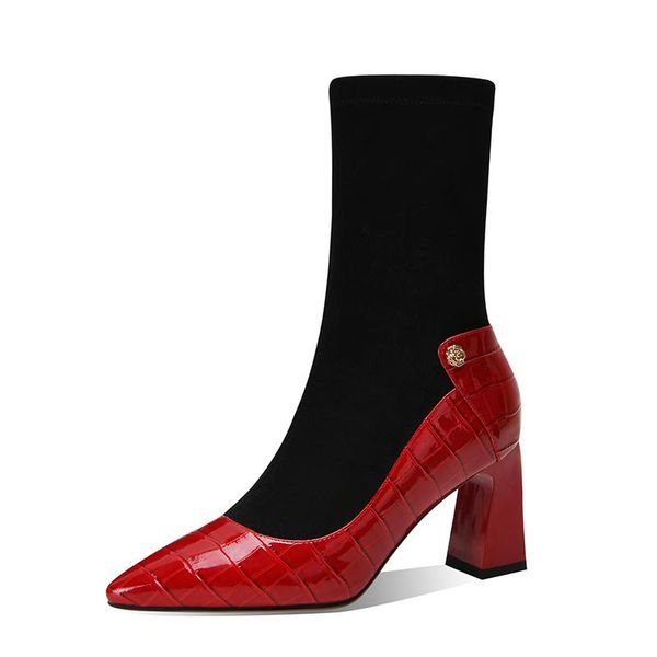 

elegant popular patchwork genuine leather ladies boots fashion quality high heels women pumps wedding party shoes woman, Black