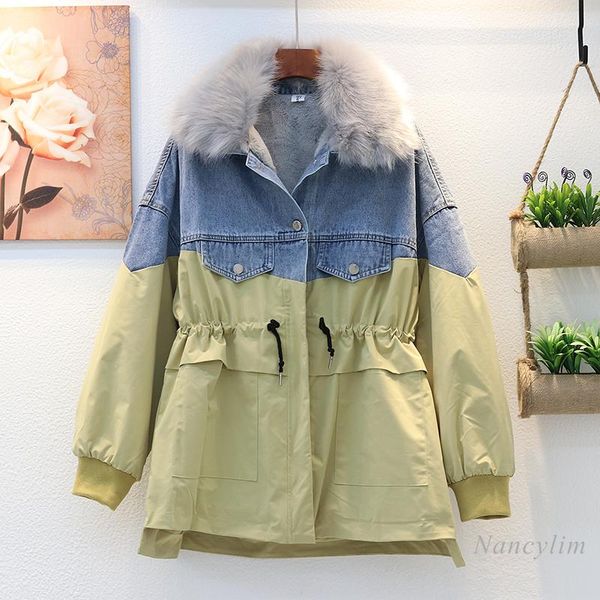 

workwear cotton coat women's 2020 winter new korean style loose velvet padded thickened warm denim patch faux fur collar jacket, Black