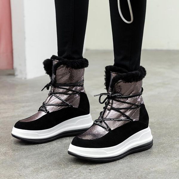 

boots genuine leather women winter warm wool fur sneakers platform snow 2021 ankle female causal shoe1, Black