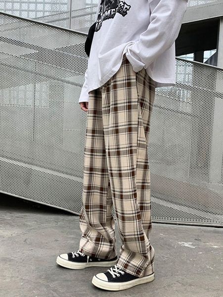 

men drawstring waist plaid pants j6yc#, Black