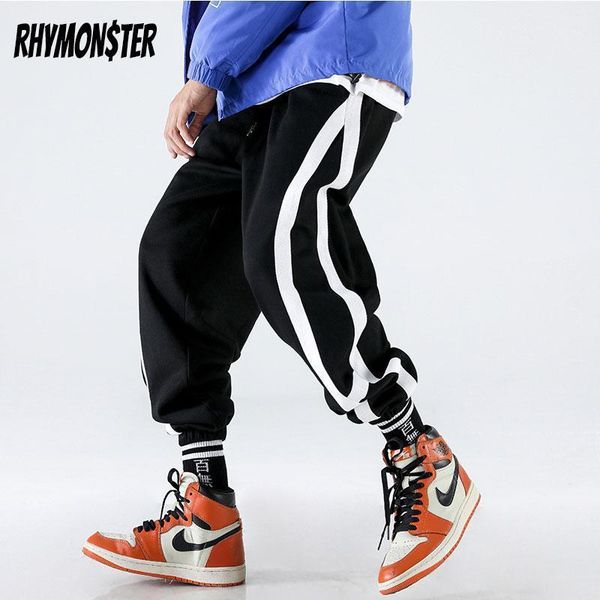 

rhymonster side strips pants joggers mens loose casual sweat pants hip hop track trousers 2021 new cotton confortable sweatpant1, Black