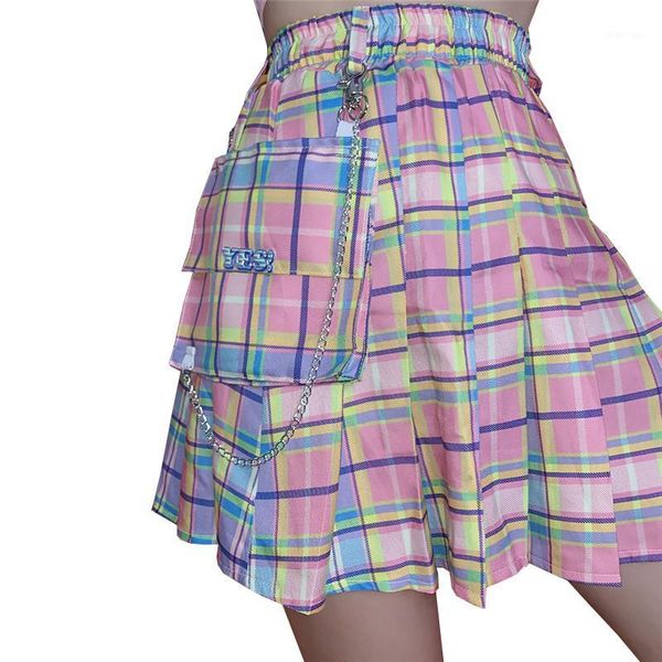 

new mini gothic women skirt harajuku kawaii high waist dance skirts wild pink sweet plaid pleated skirt female + chain1, Black