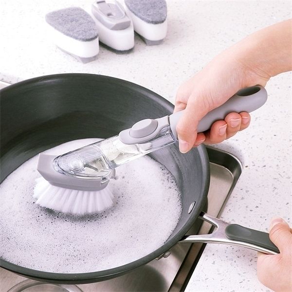 

a-kitchen dish washing and pot washing tool multi function non damaging long handle sponge automatic liquid adding cleaning brush
