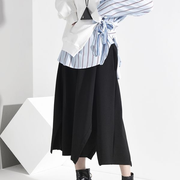 

[eam] loose fit blue striped split bandage sweatshirt new round neck long sleeve women big size fashion tide spring 1b76305 201207, Black