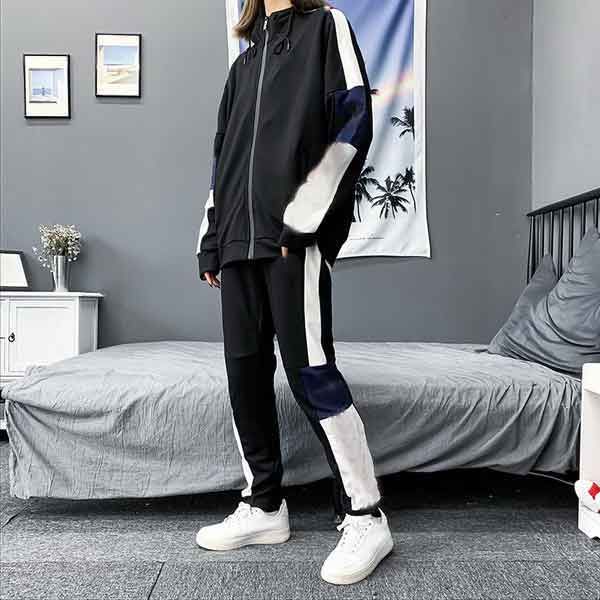 

women new vogue stylist tracksuit men two pieces set cardigan jacket+track pants badge reflective strips s-2xl, Gray