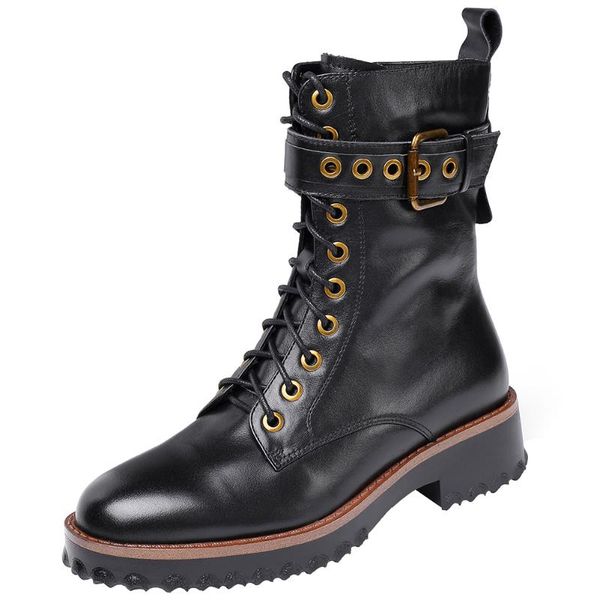 

boots bonjomarisa genuine leather retro ladies platform buckle shoes lace mid calf luxury fashion women sewing woman, Black