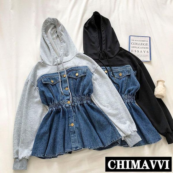 

ins denim splicing sweatshirt student hooded women's 2021 spring new single breasted elastic waisted long sleeve hoodies1, Black