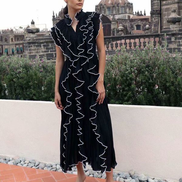 

2021 new autumn v-neck party thin tempers plied black dress mid-length women's clothes t4cz, Black;gray