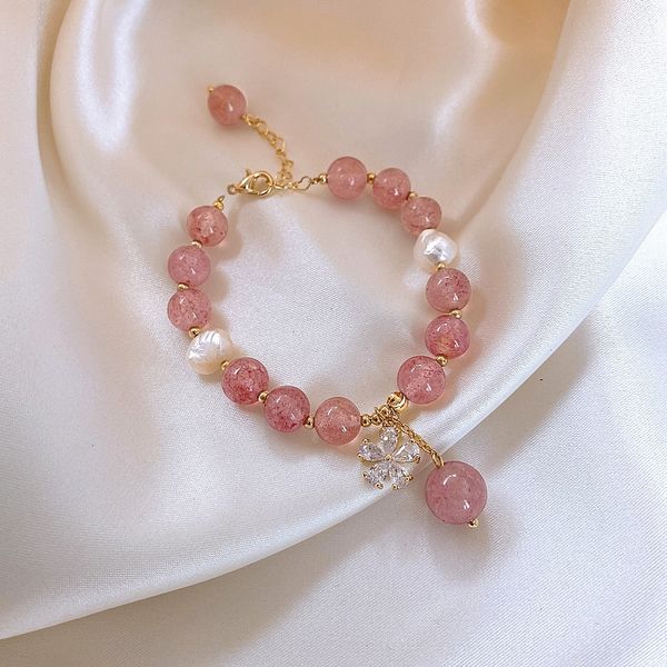 

powder crystal ins small crowd design girl sister freshwater pearl simple pink crystal bracelet temperament fashion bracelet vxybs, Golden;silver
