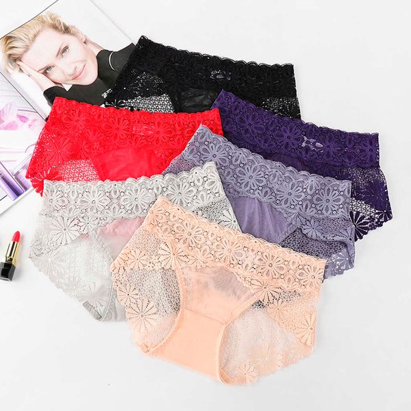 

erotic lingerie women's underwear floral lace panties perspective mesh briefs femme breathable underpants seamless knickers, Black;pink