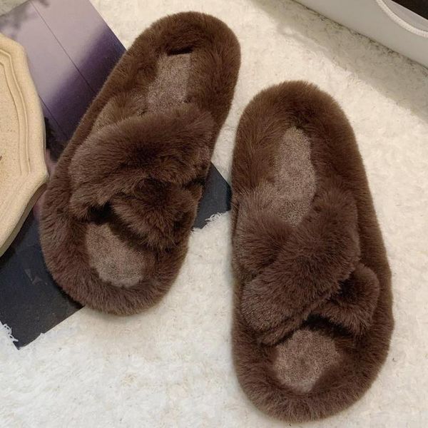 

cross narrow band fur slippers women flip flops winter plush shoes women fur flat cozy furry slides femme plus size 40, Black