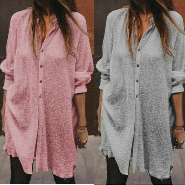 

women cotton linen long sleeve tunic ladies solid shirt blouse v neck loose plus size s-xxl, White