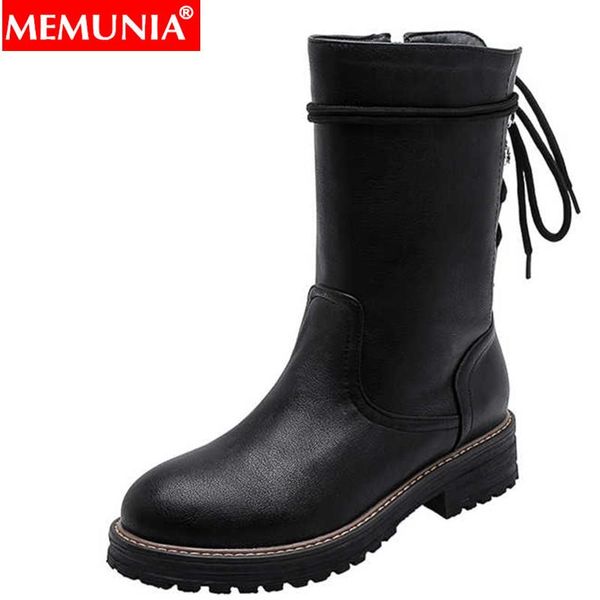 

boots memunia big size 34-43 fashion ankle round toe zip autumn winter cross tied med heels ladies prom 2021, Black