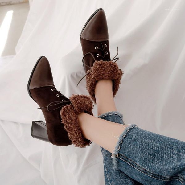 

boots pointed toe retro concise fashion women mid calf high square heel vintage winter lace-up plus size shoes1, Black