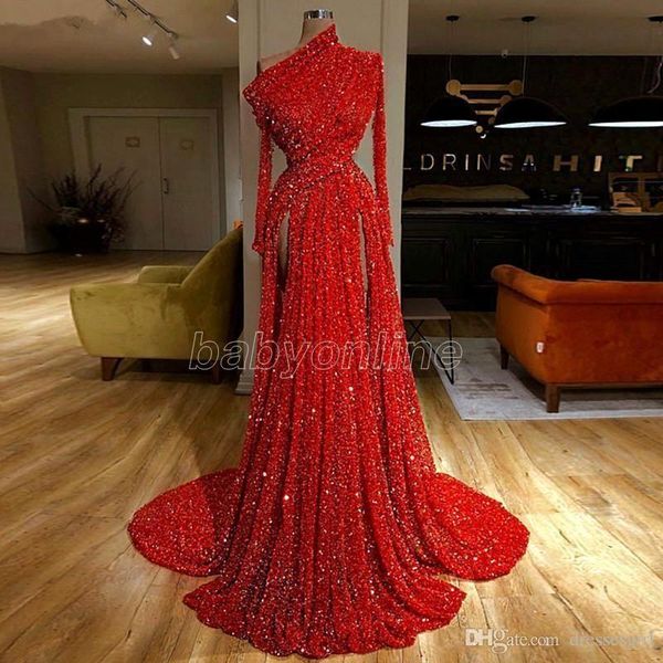 

2021 одно плечо красные блестенные формальные вечерние платья с длинным рукавом боковые расщепления ruched prom party preado vestido de fies, Black;red