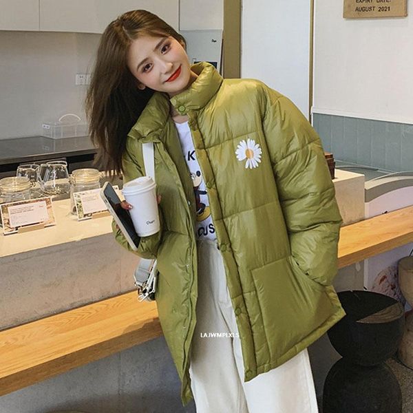 

korean sweet 2021 new women's winter parkas loose solid female jackets floral print stand collar casual thick coat lady outwear, Black