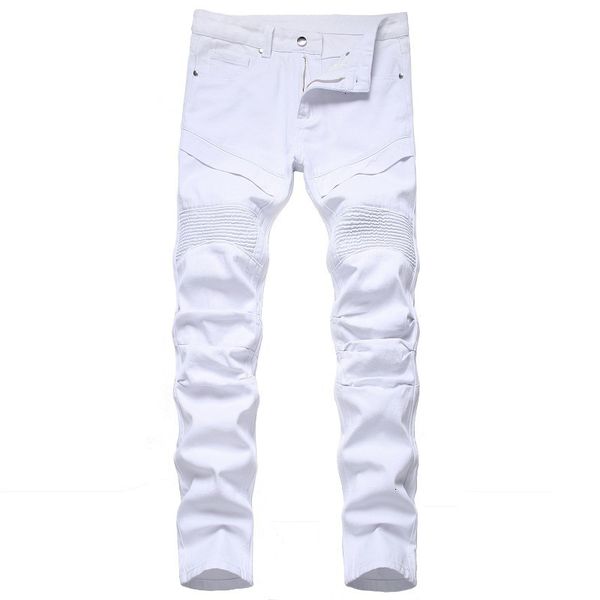 

2021 new denim bike hole white jeans straight men oversize 38 40 42 spring hip hop punk rock streetwear trouers bo3x, Blue