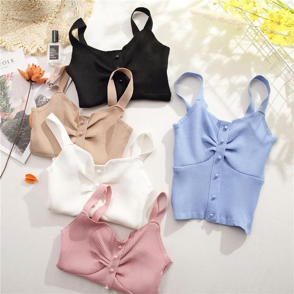 

2020 summer women camisoles spaghetti v-neck knitted buttoned up crop pleated women clothing1, White