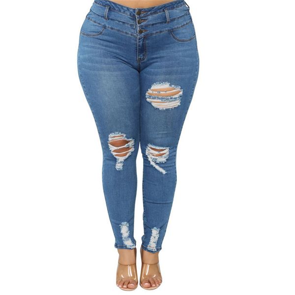 

fashion casual women ripped jeans high waist stretch distressed jean trouser skinny hole denim pants plus size l-5xl, Blue
