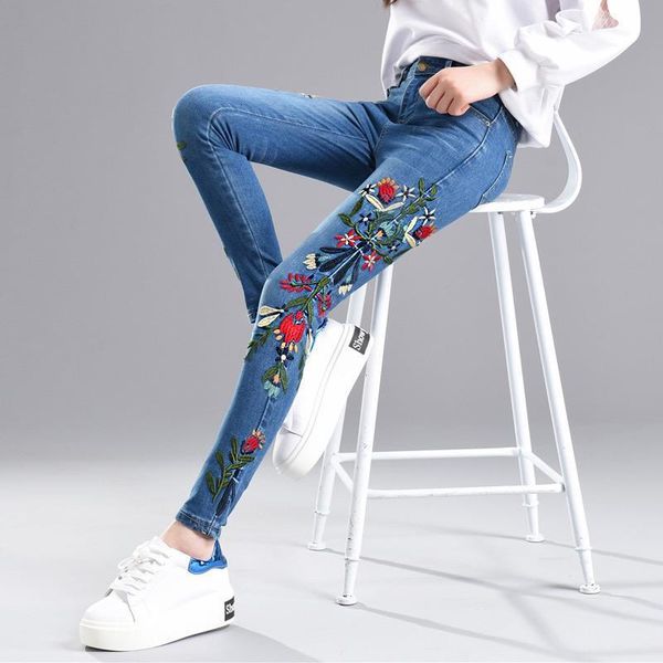 

side embroidered jeans for women with high waist pants for women plus size skinny jeans vintage 4xl stretch embroidery denim, Blue