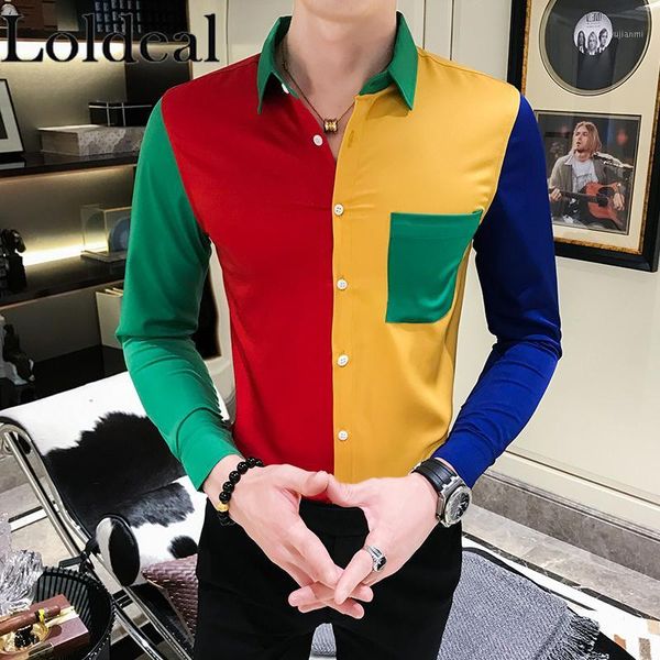 

loldeal red yellow patchwork color tuxedo shirt streetwear mens casual shirts slim fit front pocket blouse1, White;black
