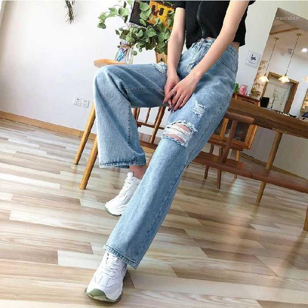 

high-waisted jeans women nine-point summer preppy ripped jeans for wide-leg women's wear1, Blue