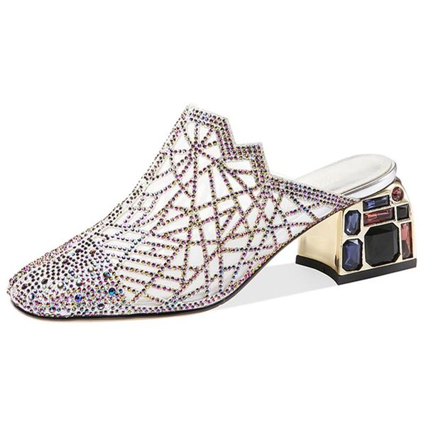 

slippers 2021 spring summer women mules genuine leather square toe high heels pumps with crystal party dancing shoes woman, Black