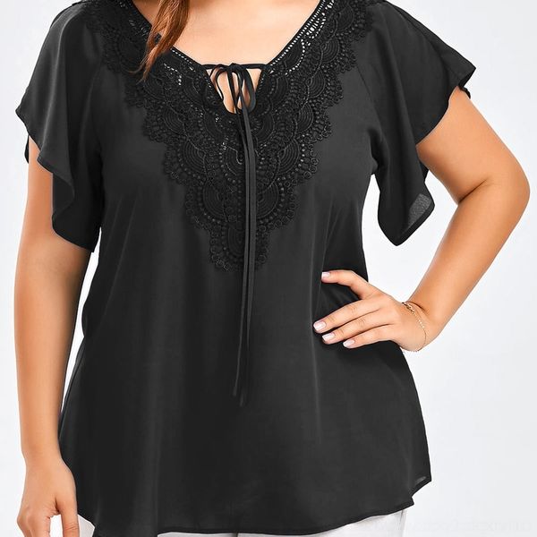 

fup4w large women's summer 2019 flared short t-shirt stitching hornlace hornflared sleeve summer 2019 large sleeve short women's t, White