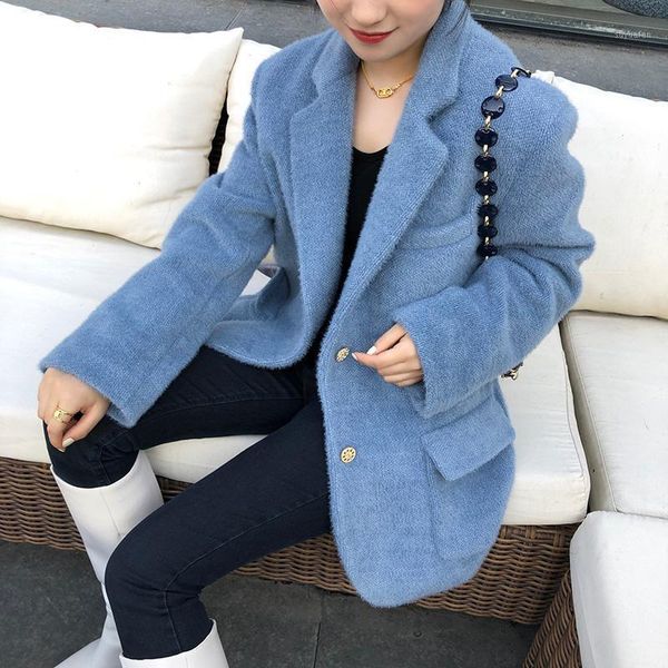 

ewq] autumn winter warm jacket turn-down collar long-sleeved single breasted loose minimalist cotton woolen blazer 8d2191, Black