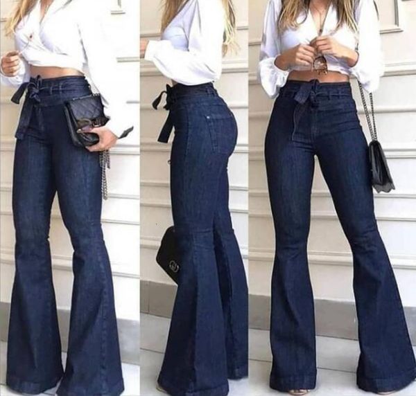 

2020 high waist micro elastic lace up flared wide leg pants women's jeans, Blue