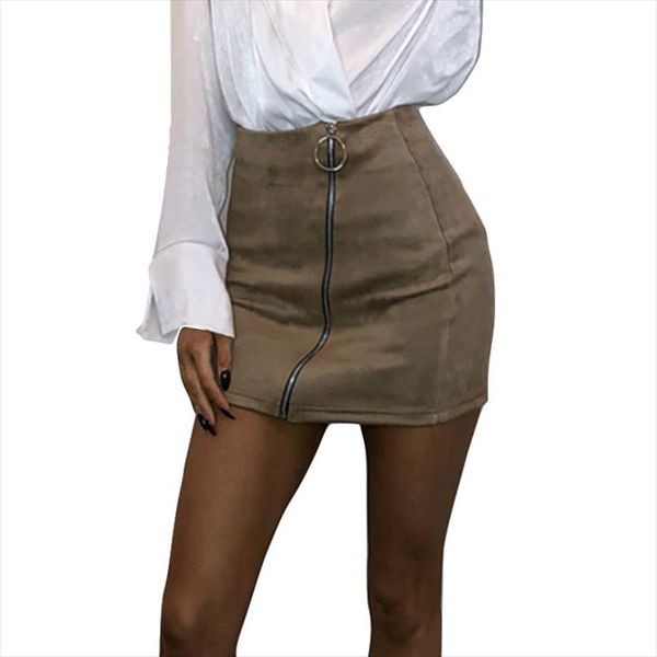 

women high waist suede leather short mini skirts zip up club skirts summer fall faldas femeninas, Black