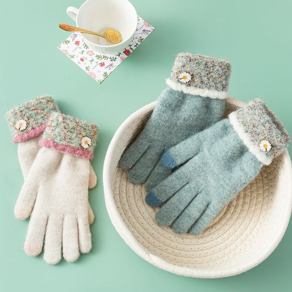 

little daisy wool gloves girl student finger warm touch screen glove winter female ins cute, Blue;gray