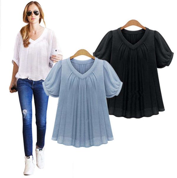 

large t-shirt summer women's new style loose and thin v-neck short sleeve chiffon shirt, Black;gray