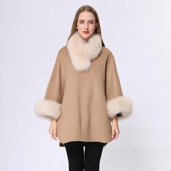 

winter fashion warm loose mid-length cashmere wool poncho cape with real fur collar mjf-p-051, Black
